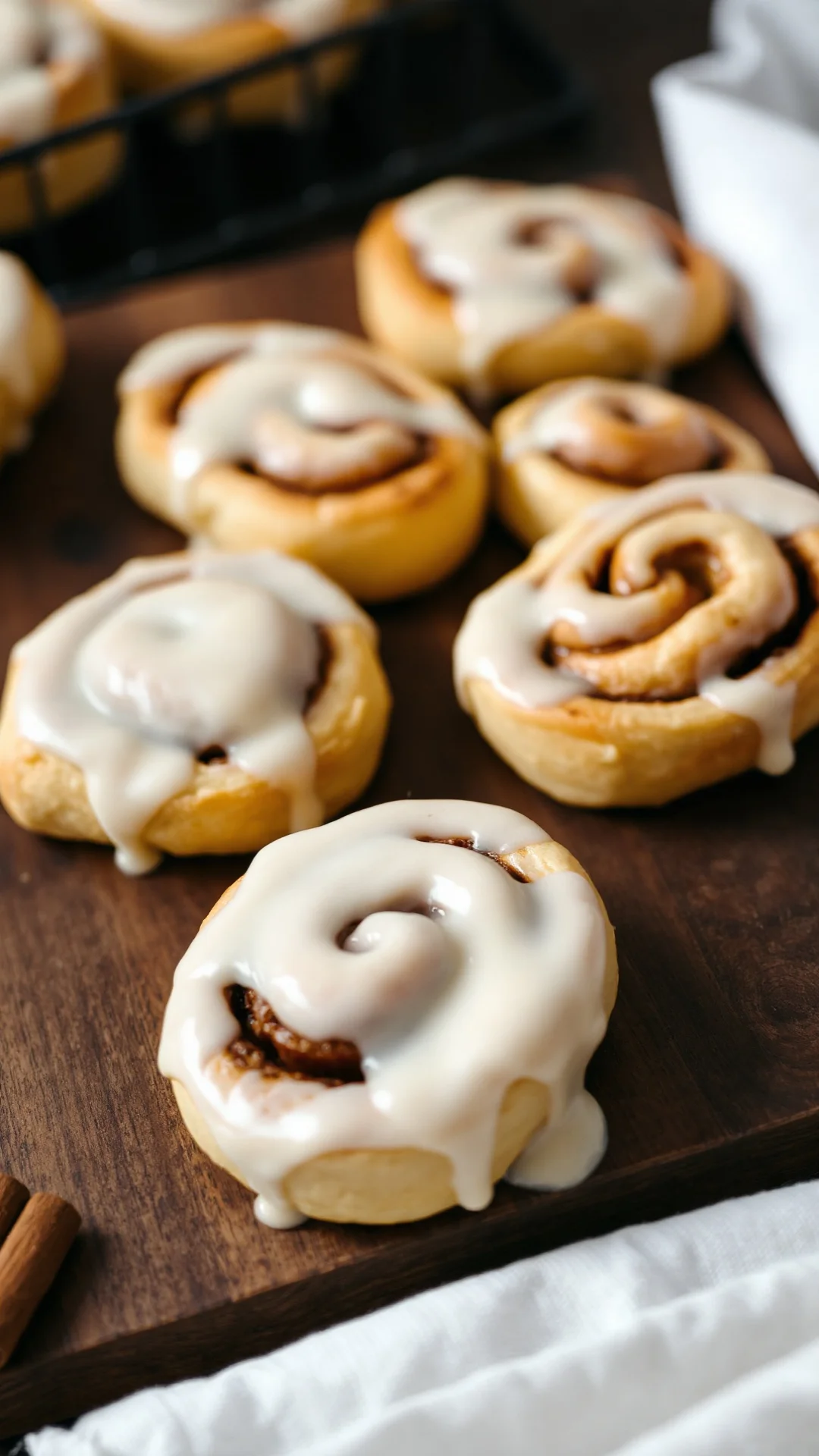 Fresh homemade classic cinnamon rolls with white glaze on dark wooden board, still warm, close-up food photography, cozy bake
