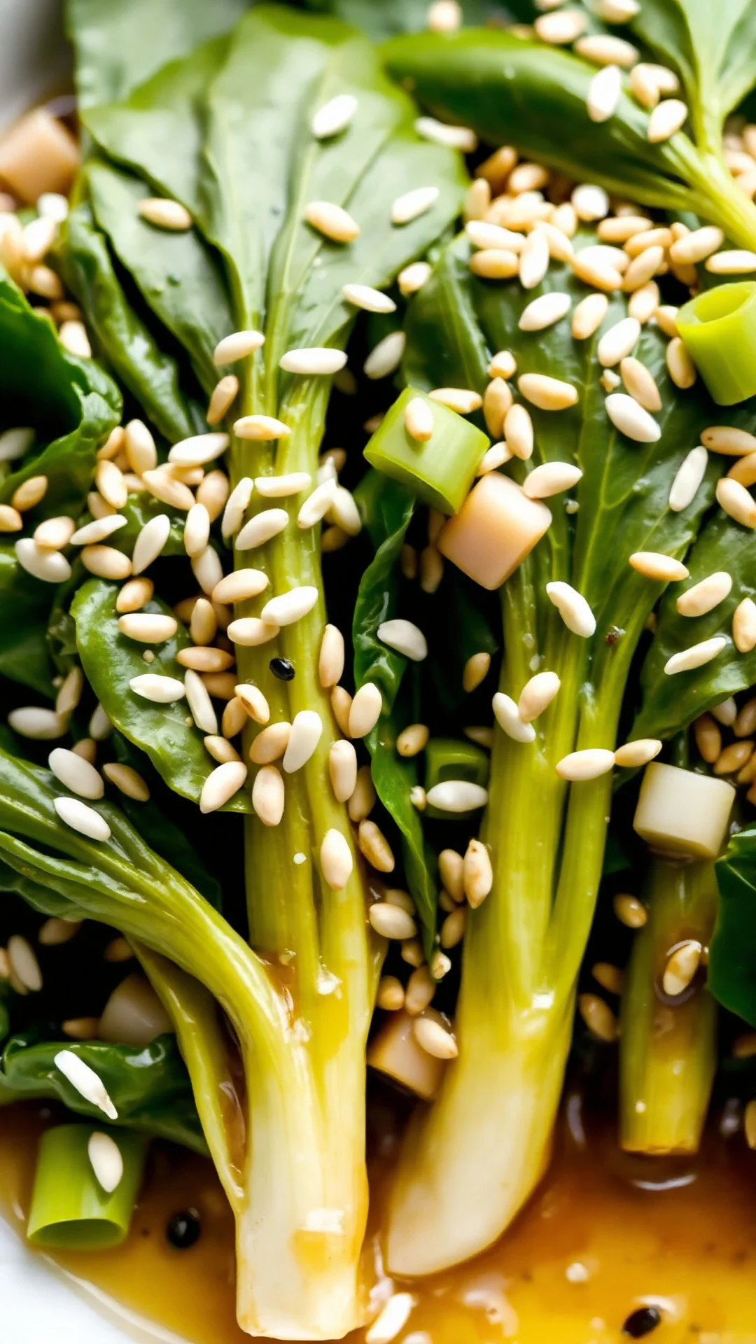Fresh pak choi salad with sesame dressing, white and black sesame seeds, spring onions, vibrant green vegetables, healthy Asi