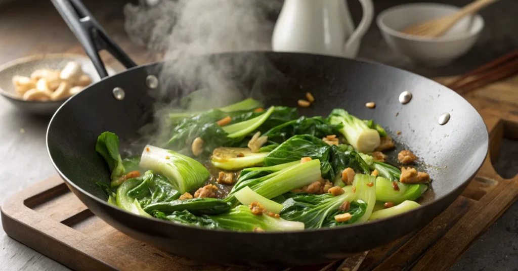 Fresh pak choi stir-fry in wok with garlic, ginger, sesame oil, vibrant green vegetables, steaming hot, professional food pho