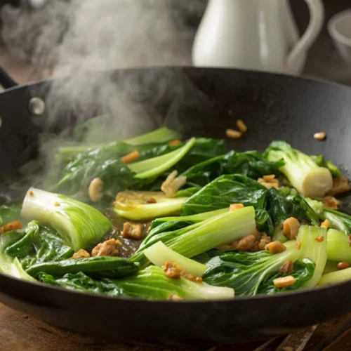 Fresh pak choi stir-fry in wok with garlic, ginger, sesame oil, vibrant green vegetables, steaming hot, professional food pho
