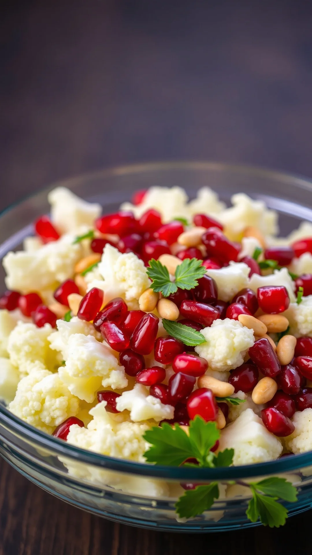 Fresh raw cauliflower salad with pomegranate seeds and pine nuts in glass bowl, vibrant colors, healthy vegetable dish