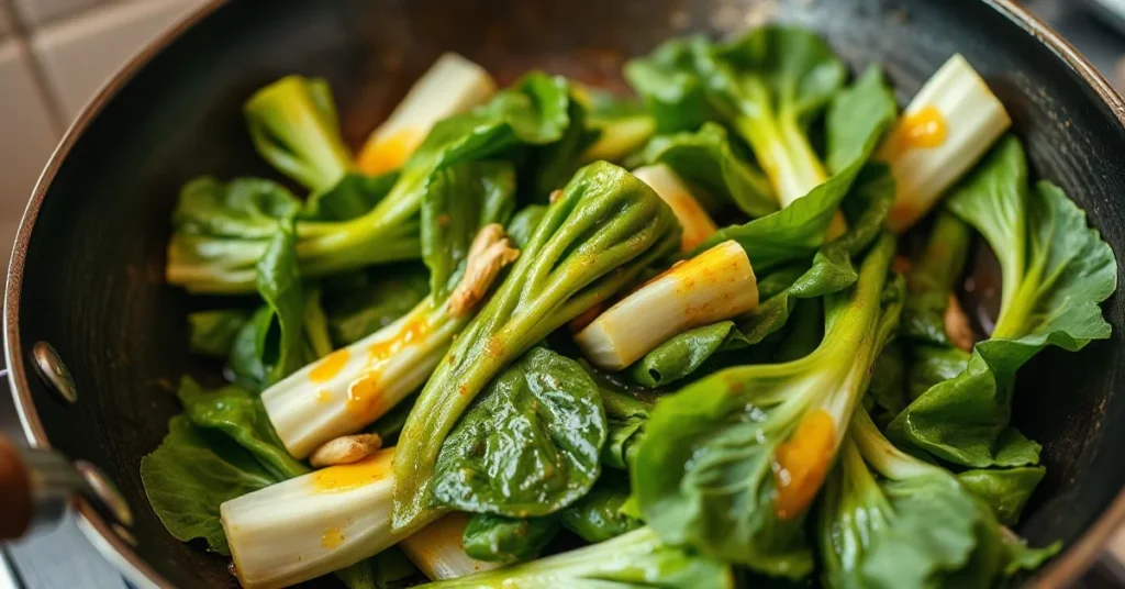 Fresh stir-fried bok choy in a traditional wok with sesame oil drizzle, garlic, and ginger, vibrant green leafy vegetables, p