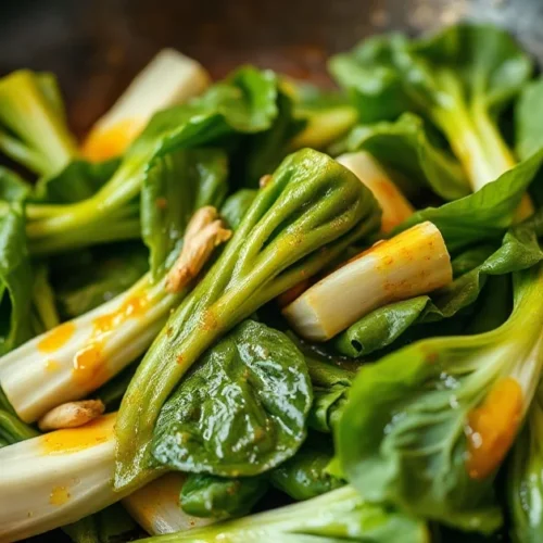 Fresh stir-fried bok choy in a traditional wok with sesame oil drizzle, garlic, and ginger, vibrant green leafy vegetables, p