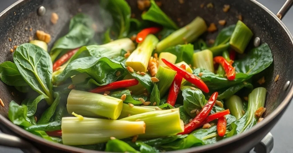 Fresh stir-fried pak choi in a traditional wok with soy sauce, garlic, ginger, sesame seeds and chili, steaming Asian wok coo