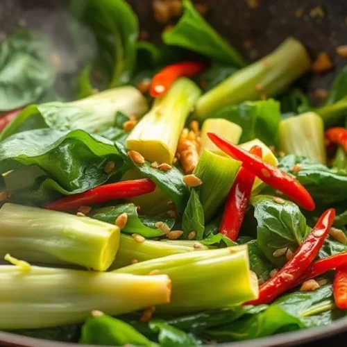 Fresh stir-fried pak choi in a traditional wok with soy sauce, garlic, ginger, sesame seeds and chili, steaming Asian wok coo