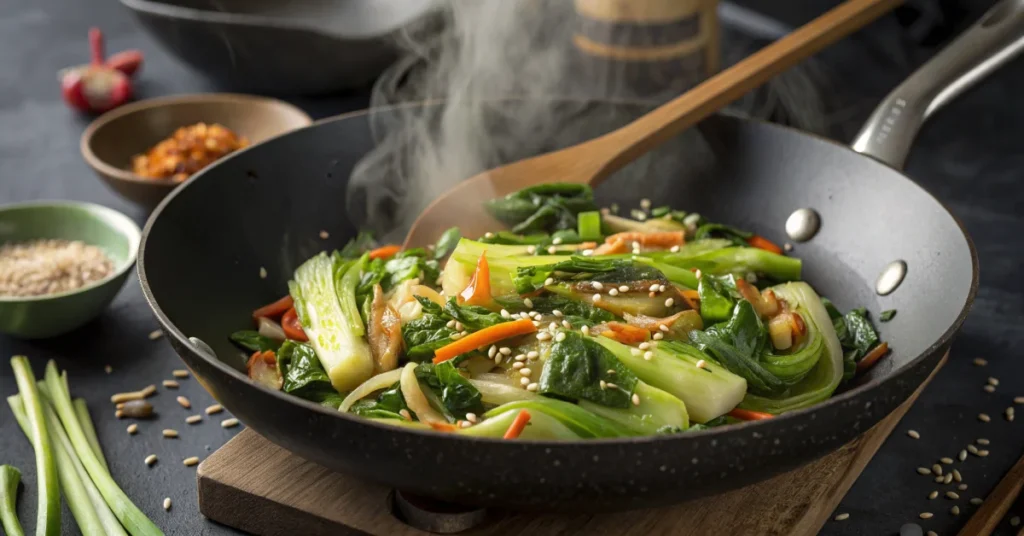 Fresh vegan pak choi stir-fry with sesame seeds, ginger, garlic, and soy sauce in a wok, garnished with green onions, steamin