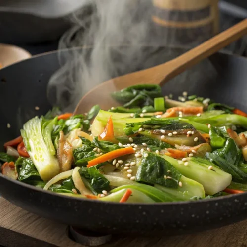 Fresh vegan pak choi stir-fry with sesame seeds, ginger, garlic, and soy sauce in a wok, garnished with green onions, steamin