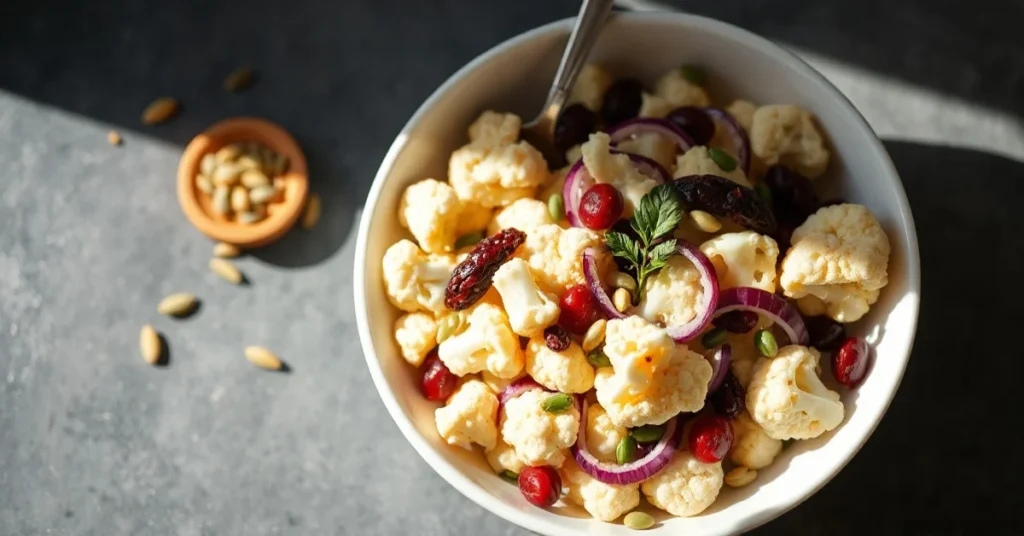 Fresh vibrant cauliflower salad with red onions, sunflower seeds, and cranberries in white bowl, sunny natural lighting, top
