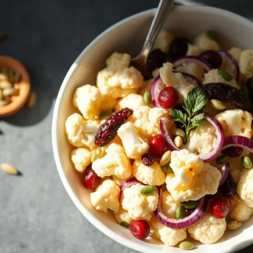 Fresh vibrant cauliflower salad with red onions, sunflower seeds, and cranberries in white bowl, sunny natural lighting, top