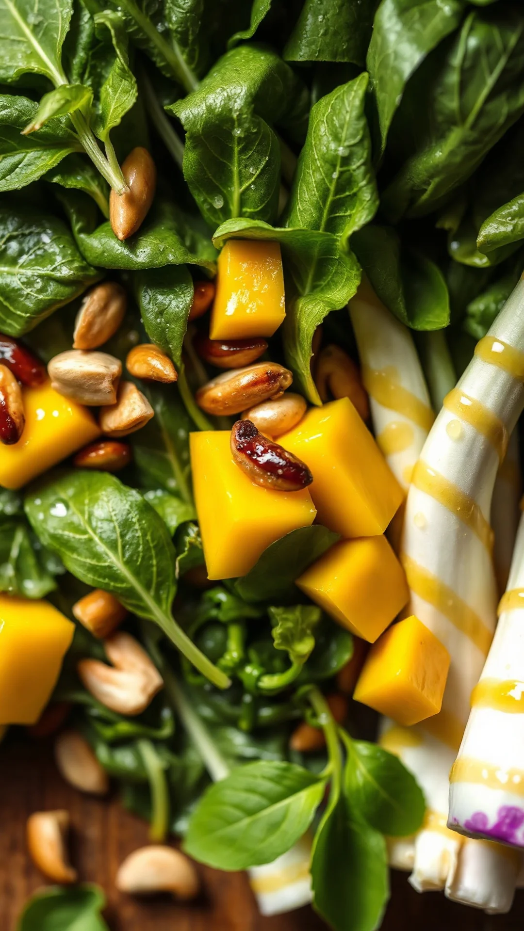 Fresh vibrant pak choi salad with cubed mango, roasted cashew nuts, mint leaves, lime dressing glistening, tropical colors, h