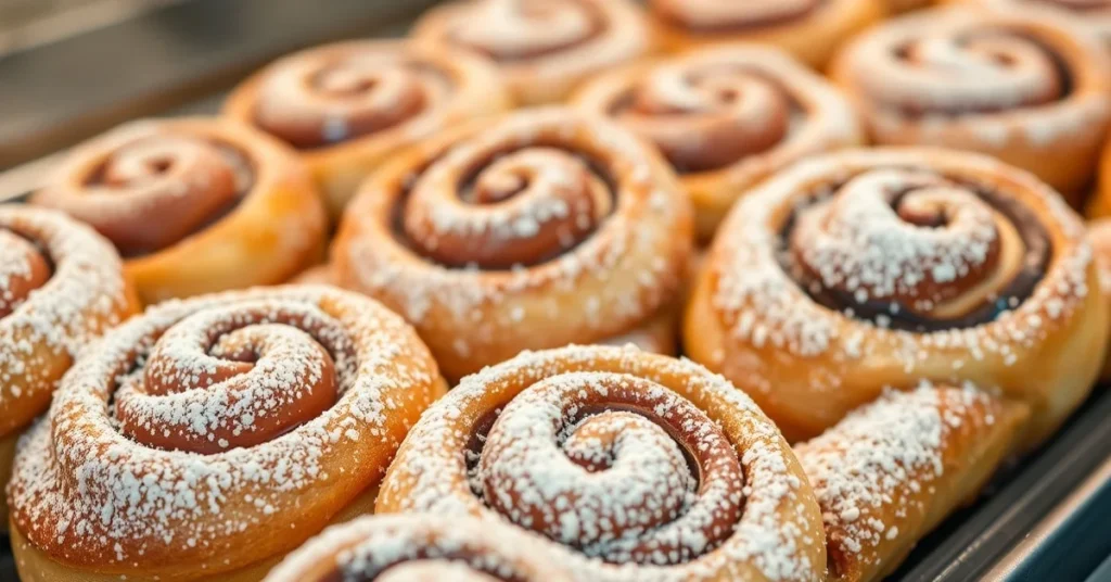 Freshly baked Bueno cinnamon rolls dusted with powdered sugar, golden-brown pastry swirls with hazelnut chocolate, warm baker