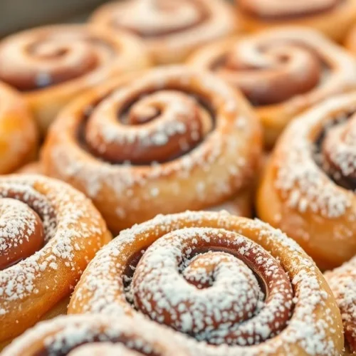 Freshly baked Bueno cinnamon rolls dusted with powdered sugar, golden-brown pastry swirls with hazelnut chocolate, warm baker