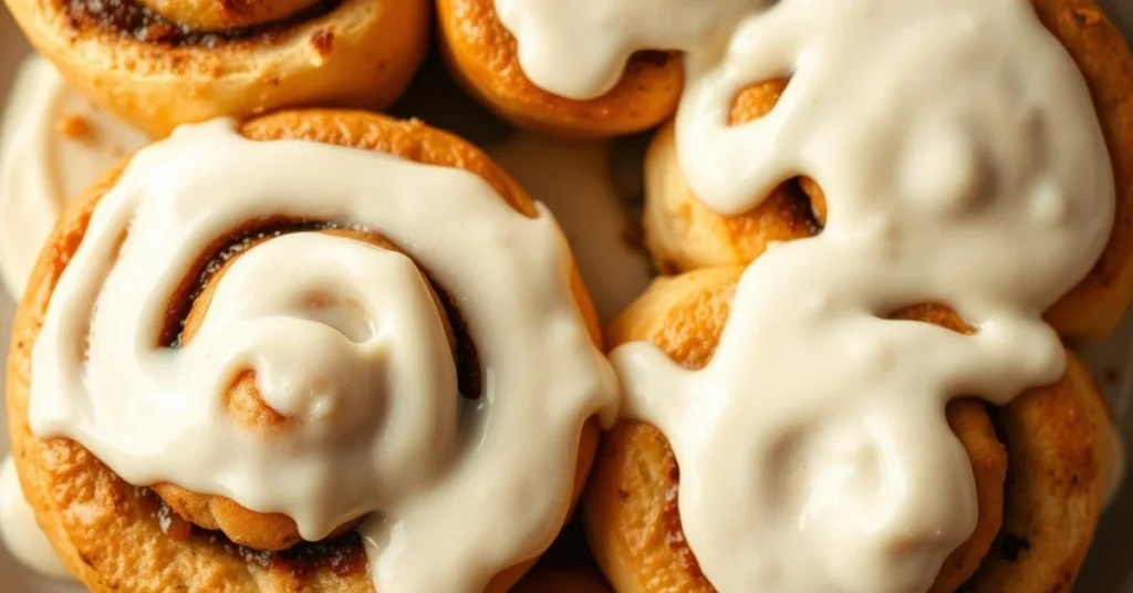 Freshly baked cinnamon rolls with cream cheese frosting, fluffy texture visible, golden brown exterior, dripping frosting, wa