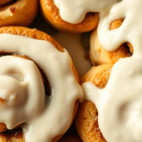 Freshly baked cinnamon rolls with cream cheese frosting, fluffy texture visible, golden brown exterior, dripping frosting, wa