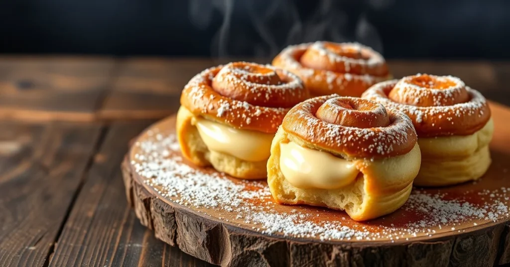 Freshly baked cinnamon rolls with vanilla pudding filling on a rustic wooden board, dusted with powdered sugar and cinnamon,