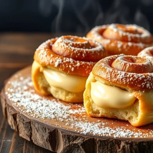 Freshly baked cinnamon rolls with vanilla pudding filling on a rustic wooden board, dusted with powdered sugar and cinnamon,