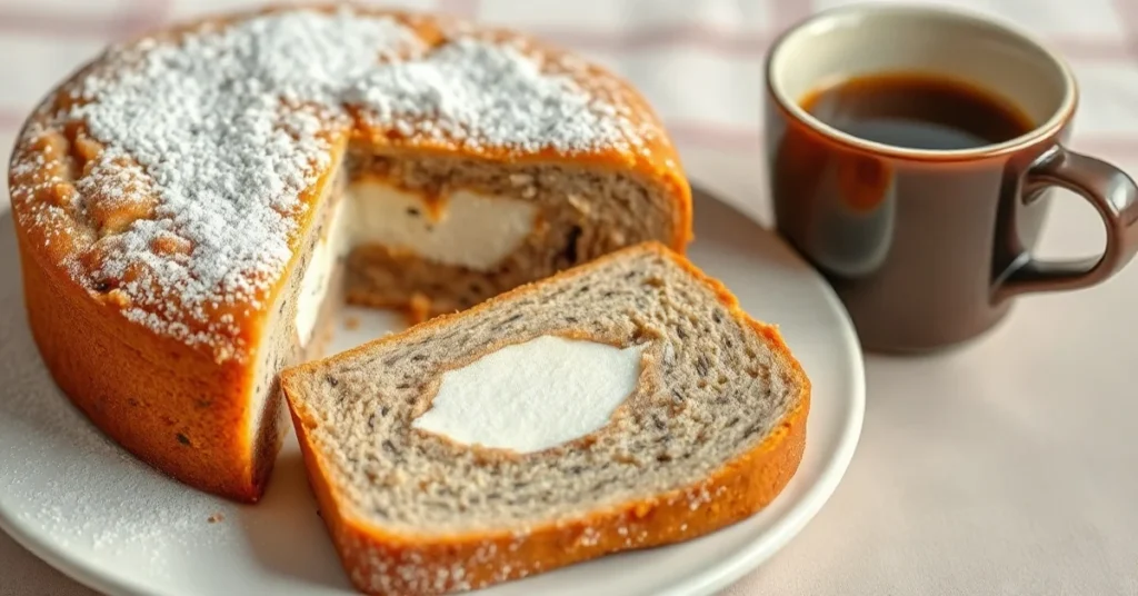 Freshly baked poppy seed cake with quark filling, dusted with powdered sugar, sliced on white plate, warm coffee cup beside,