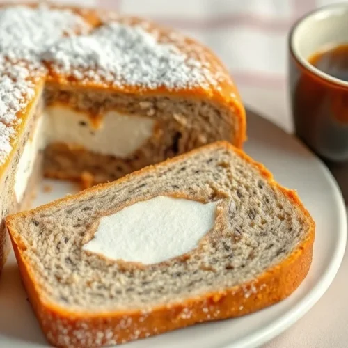 Freshly baked poppy seed cake with quark filling, dusted with powdered sugar, sliced on white plate, warm coffee cup beside,
