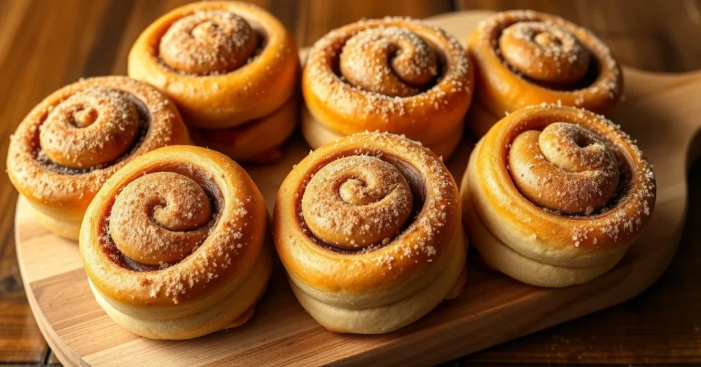 Freshly baked sugar-free cinnamon rolls on a wooden board, golden brown spiral pastries dusted with cinnamon, warm bakery aes