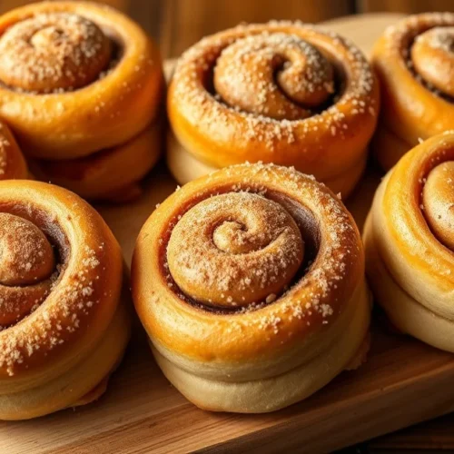 Freshly baked sugar-free cinnamon rolls on a wooden board, golden brown spiral pastries dusted with cinnamon, warm bakery aes