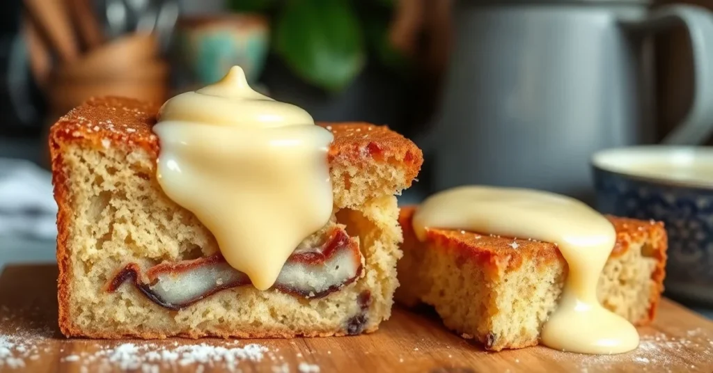 German mohnkuchen with creamy pudding layer, fresh-baked, slice close-up, warm vanilla pudding topping, rustic kitchen settin