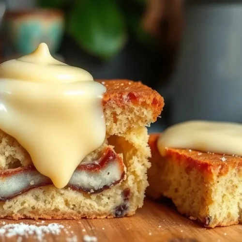 German mohnkuchen with creamy pudding layer, fresh-baked, slice close-up, warm vanilla pudding topping, rustic kitchen settin