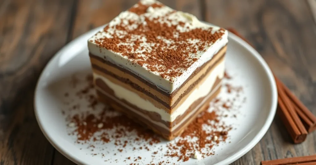 Glutenfreies Tiramisu auf weißem Teller mit reichlich braunem Kakao-Pulver bestäubt, cremige Mascarpone-Schichten sichtbar,