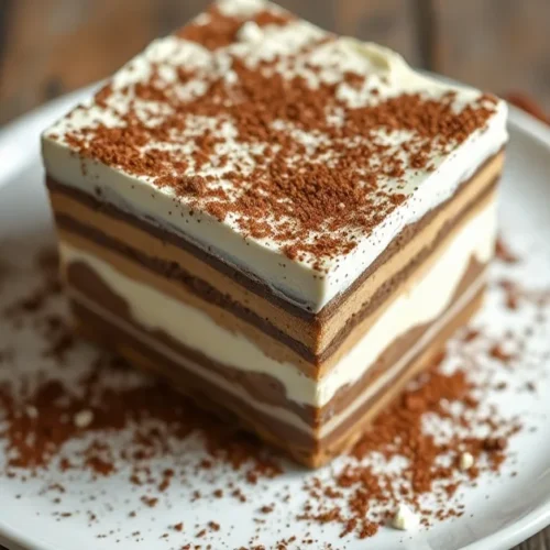 Glutenfreies Tiramisu auf weißem Teller mit reichlich braunem Kakao-Pulver bestäubt, cremige Mascarpone-Schichten sichtbar,