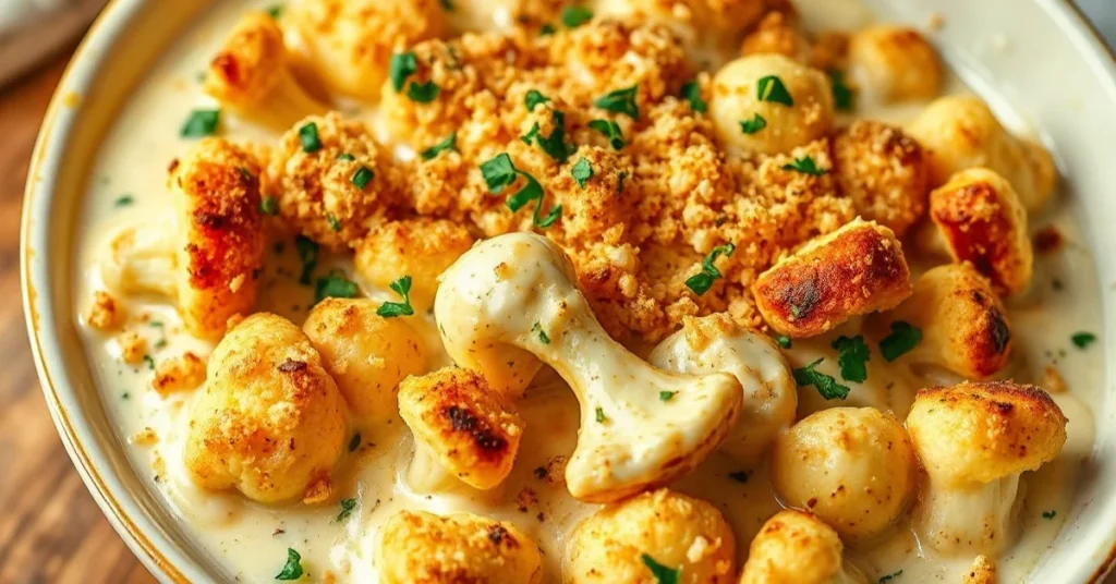 Golden baked cauliflower gratin with creamy cheese sauce, crispy breadcrumb topping, fresh herbs garnish, professional food p
