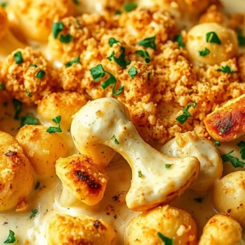 Golden baked cauliflower gratin with creamy cheese sauce, crispy breadcrumb topping, fresh herbs garnish, professional food p