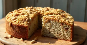 Golden baked poppy seed cake with crispy streusel topping, almonds scattered on surface, afternoon sunlight, rustic wooden ta