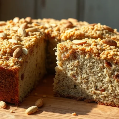 Golden baked poppy seed cake with crispy streusel topping, almonds scattered on surface, afternoon sunlight, rustic wooden ta