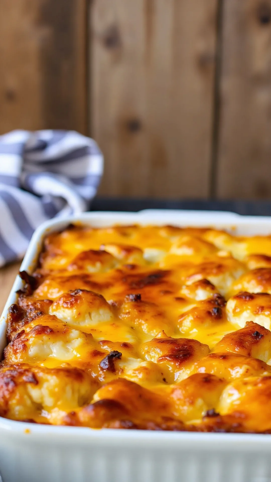 Golden-brown baked cauliflower cheese casserole in ceramic dish, bubbly cheese top, rustic kitchen setting