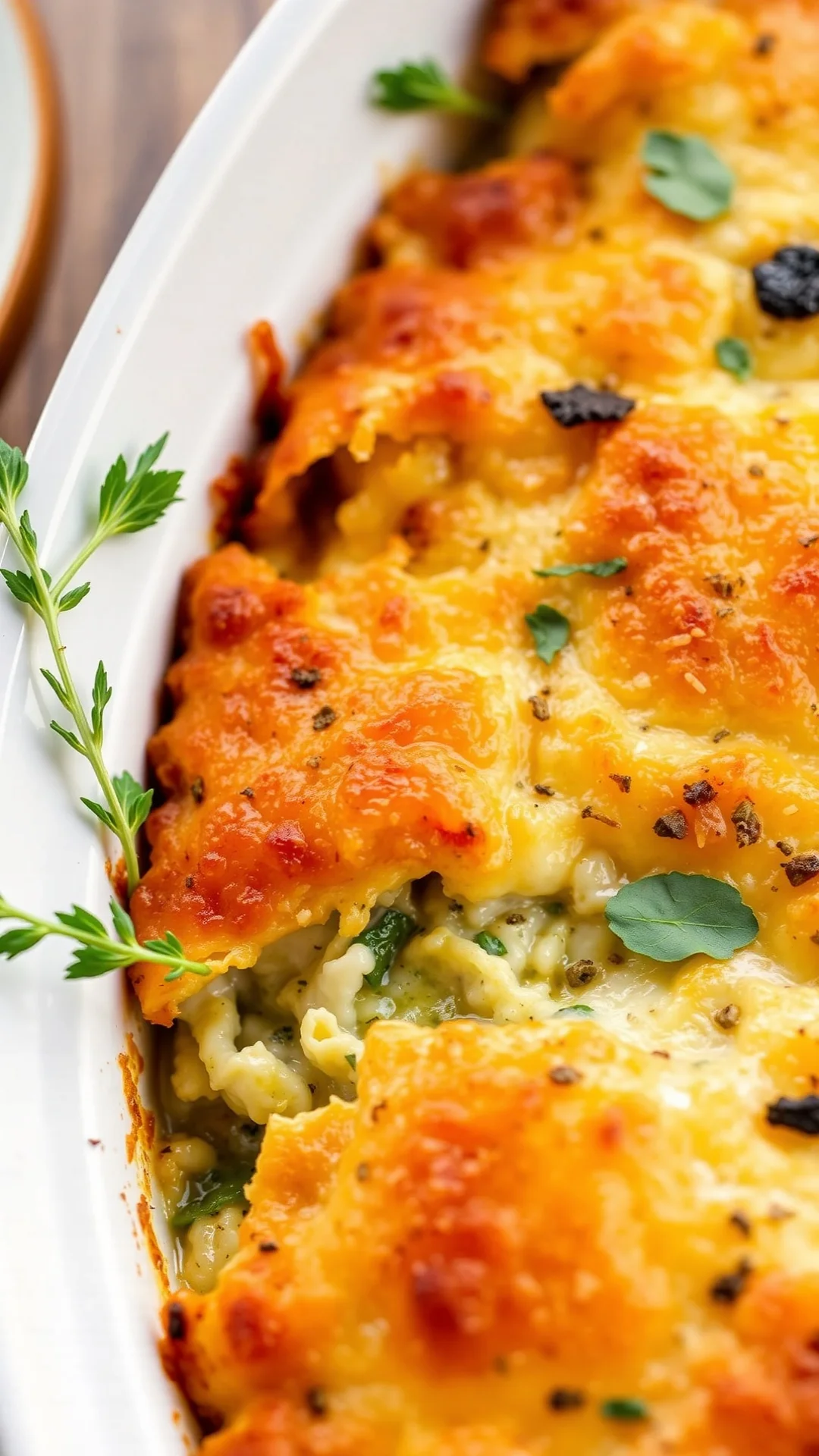 Golden-brown baked pak choi cheese casserole with melted Grana Padano crust, creamy filling, fresh herbs, home cooking, appet