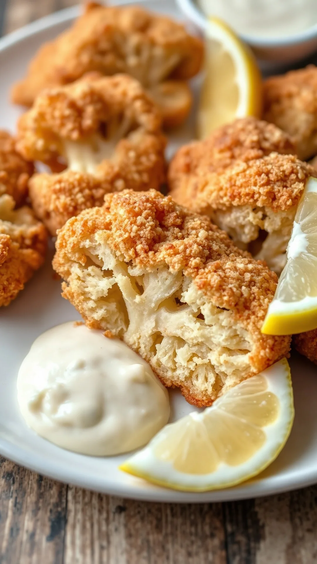 Golden brown breaded cauliflower schnitzel slices on a white plate with lemon wedges and tartar sauce, crispy textured close-