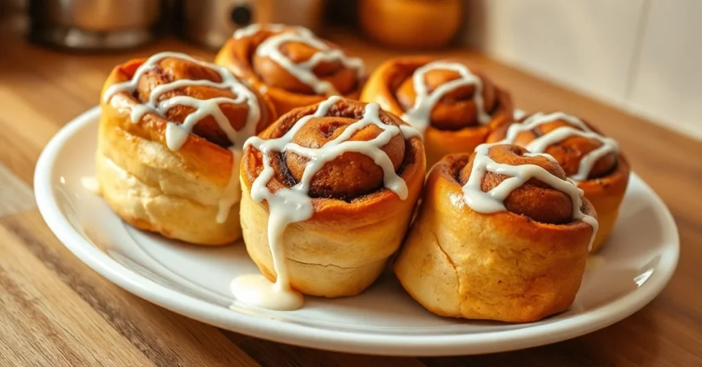 Golden brown cinnamon rolls arranged on a white plate, fresh from the oven, drizzled with white glaze, warm steam visible, co