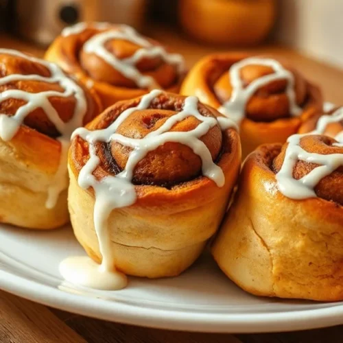 Golden brown cinnamon rolls arranged on a white plate, fresh from the oven, drizzled with white glaze, warm steam visible, co