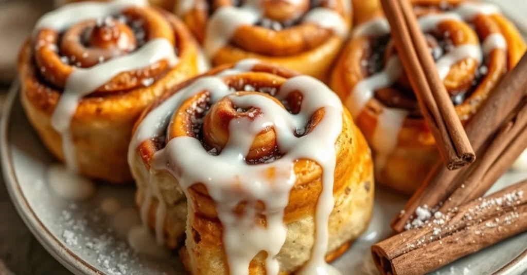 Golden-brown cinnamon rolls fresh from the oven with white glaze dripping down, arranged on a ceramic plate with cinnamon sti