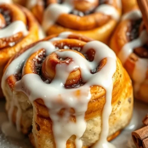 Golden-brown cinnamon rolls fresh from the oven with white glaze dripping down, arranged on a ceramic plate with cinnamon sti