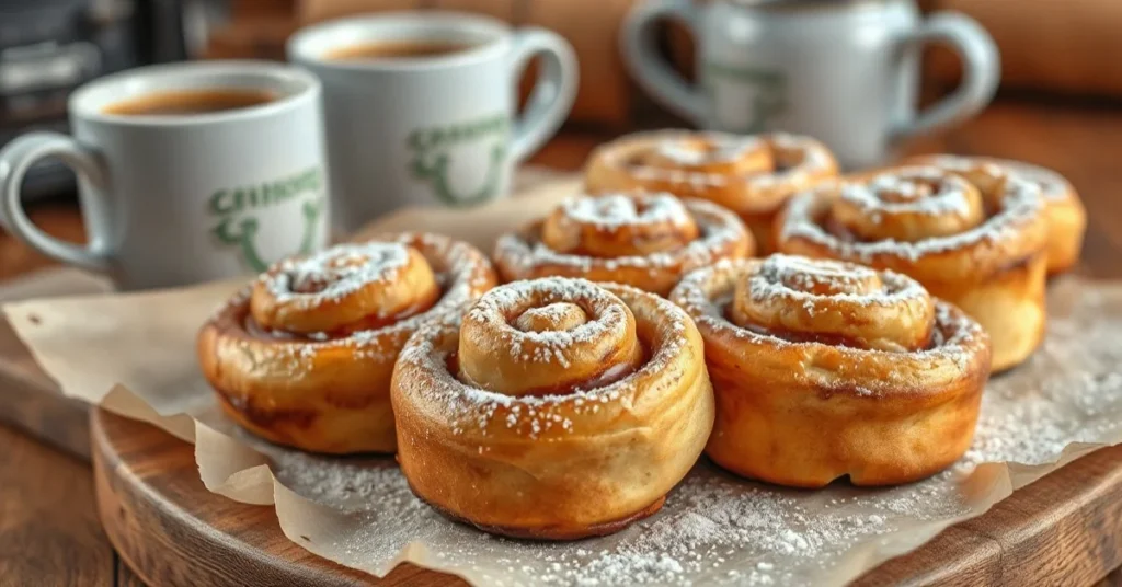 Golden brown cinnamon rolls freshly baked on parchment paper, dusted with powdered sugar, warm steam rising, cozy bakery sett