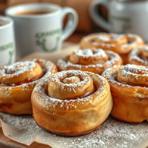 Golden brown cinnamon rolls freshly baked on parchment paper, dusted with powdered sugar, warm steam rising, cozy bakery sett