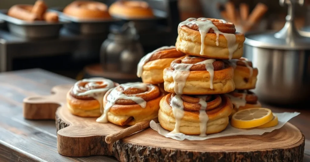 Golden brown cinnamon rolls stacked on a rustic wooden board, fresh from the oven, with white icing drizzle, steam rising, co