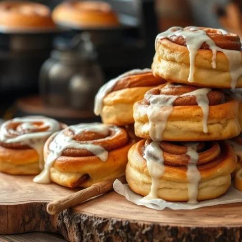 Golden brown cinnamon rolls stacked on a rustic wooden board, fresh from the oven, with white icing drizzle, steam rising, co
