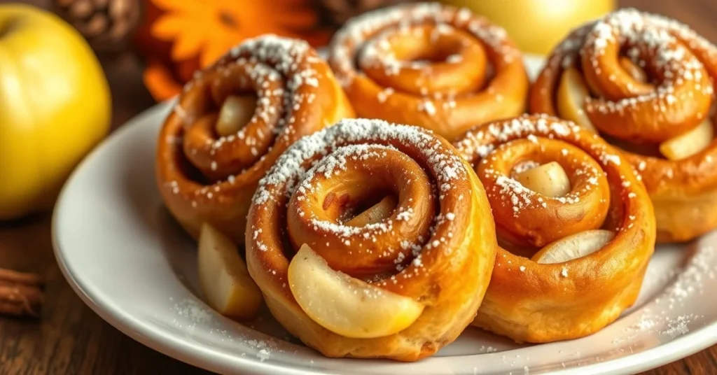 Golden-brown cinnamon rolls with fresh apple pieces, dusted with powdered sugar, arranged on a white plate with warm lighting