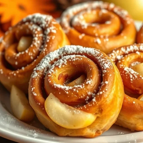 Golden-brown cinnamon rolls with fresh apple pieces, dusted with powdered sugar, arranged on a white plate with warm lighting