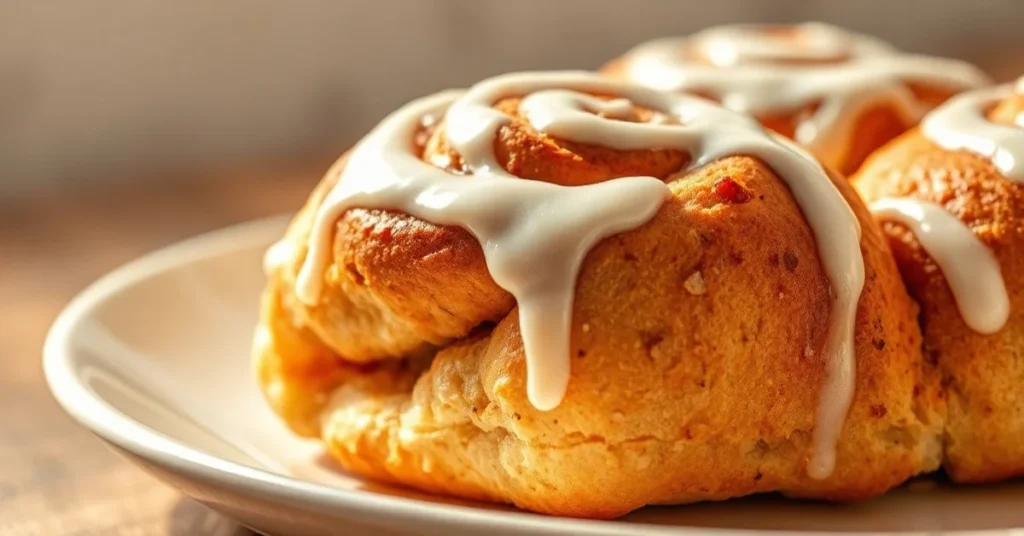 Golden brown cinnamon rolls with white icing glaze, freshly baked on white plate, steam rising, warm natural lighting, side v