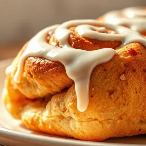 Golden brown cinnamon rolls with white icing glaze, freshly baked on white plate, steam rising, warm natural lighting, side v