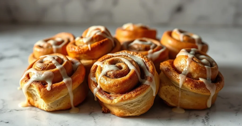 Golden-brown cinnamon rolls with white icing glaze on a marble countertop, arranged in a cluster, soft natural lighting, fres