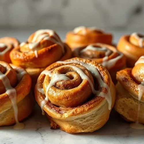 Golden-brown cinnamon rolls with white icing glaze on a marble countertop, arranged in a cluster, soft natural lighting, fres