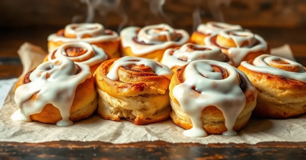 Golden brown cinnamon rolls without yeast, fresh from oven, topped with white glaze, arranged on parchment paper, warm steam